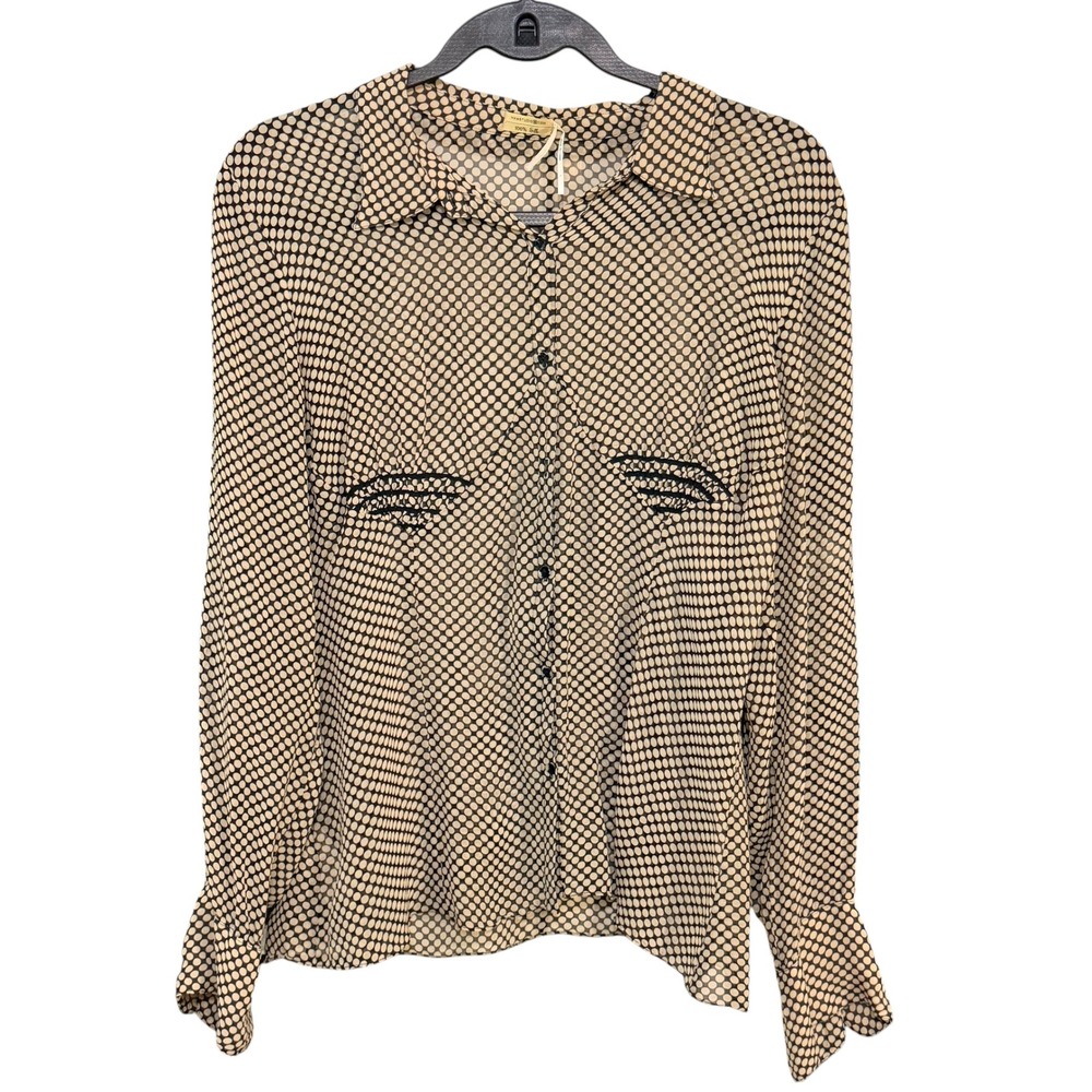 Max Studio Blouse Womens XL Tan Polka Dot 100% Silk Button Down Long Sleeve Top